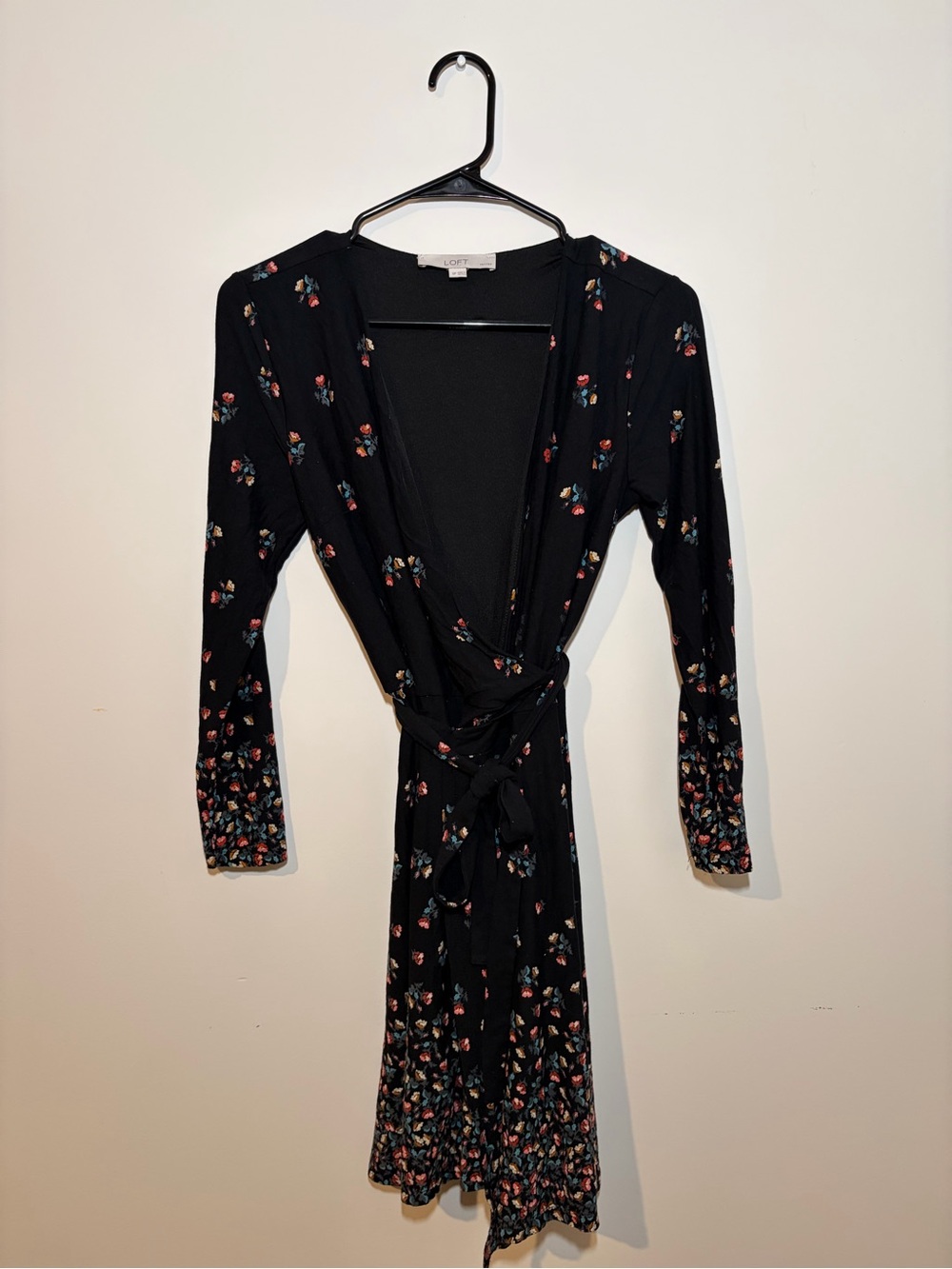 LOFT Black Floral Wrap Dress with Tie Waist